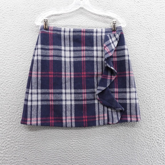 J. Crew Dresses & Skirts - J Crew Mercantile Plaid Wool Blend Mini Skirt Size 4 Navy Blue‎ Ruffle Lined
